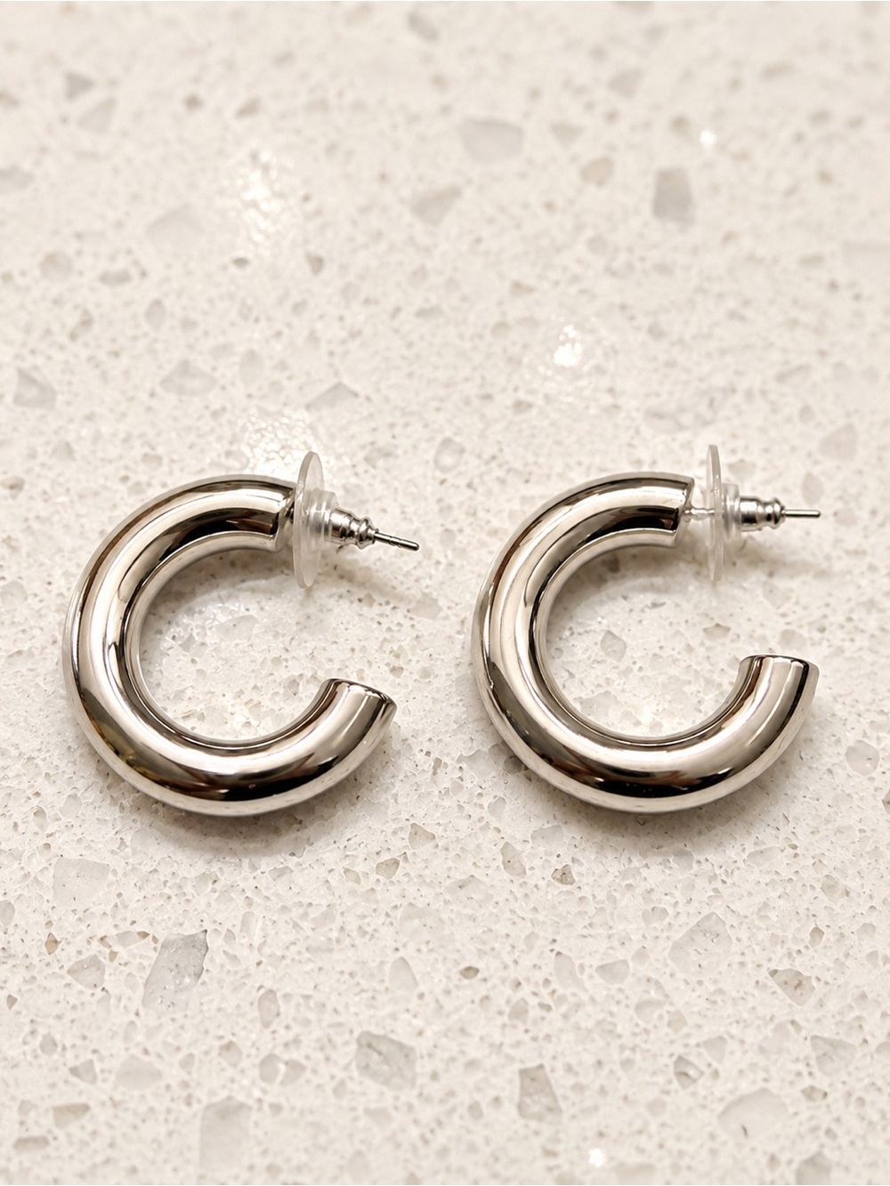 Silver Chunky C-Hoop Stud Earrings - Women Jewelry